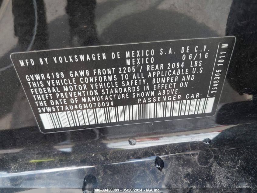 2016 Volkswagen Golf Gti Se 4-Door VIN: 3VW5T7AU4GM070094 Lot: 39456089