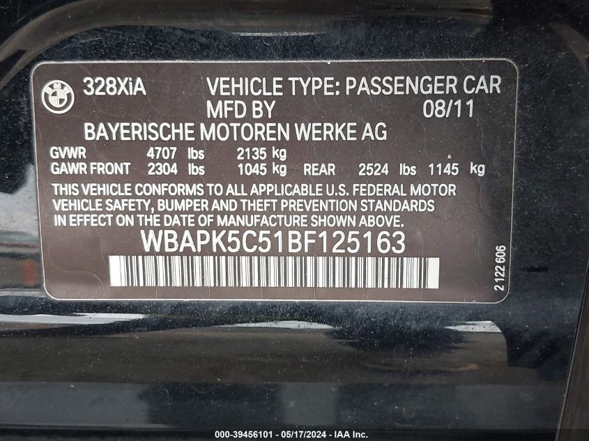 2011 BMW 328I xDrive VIN: WBAPK5C51BF125163 Lot: 39456101