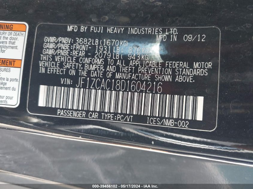 2013 Subaru Brz Limited VIN: JF1ZCAC18D1604216 Lot: 39456102