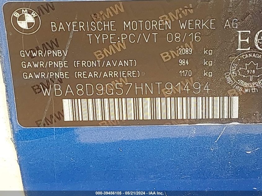 2017 BMW 330I xDrive VIN: WBA8D9G57HNT91494 Lot: 39456105