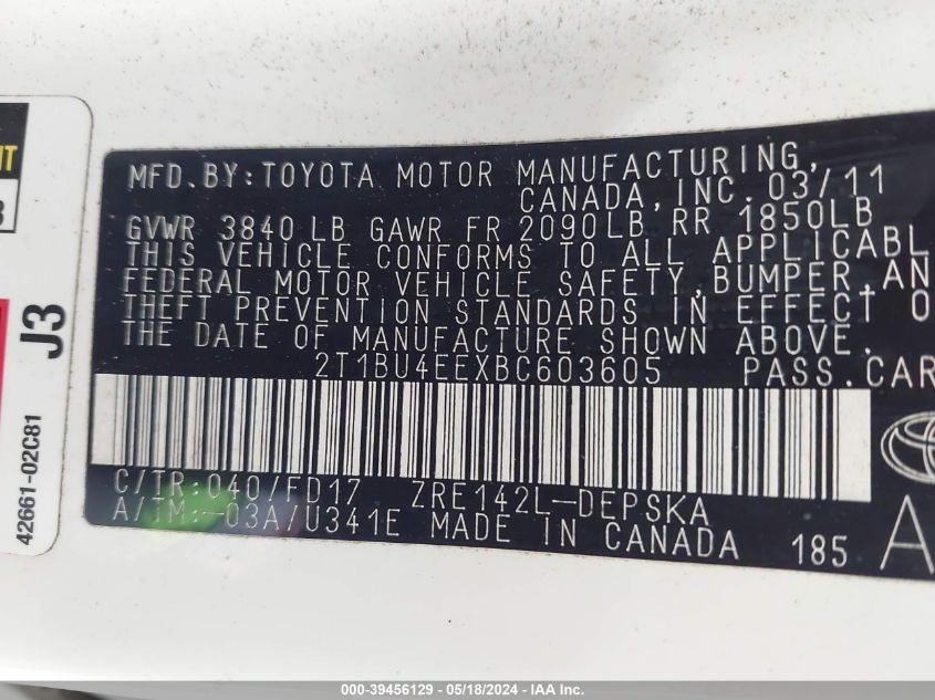 2011 Toyota Corolla S VIN: 2T1BU4EEXBC603605 Lot: 39456129