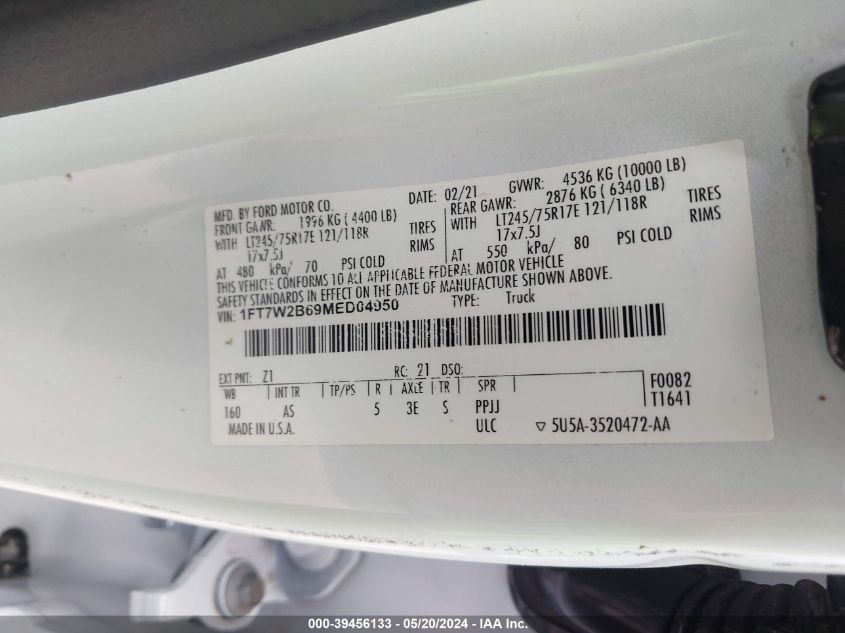 2021 Ford F250 Super Duty VIN: 1FT7W2B69MED04950 Lot: 39456133