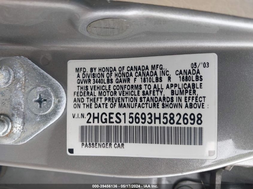 2003 Honda Civic Lx VIN: 2HGES15693H582698 Lot: 39456136