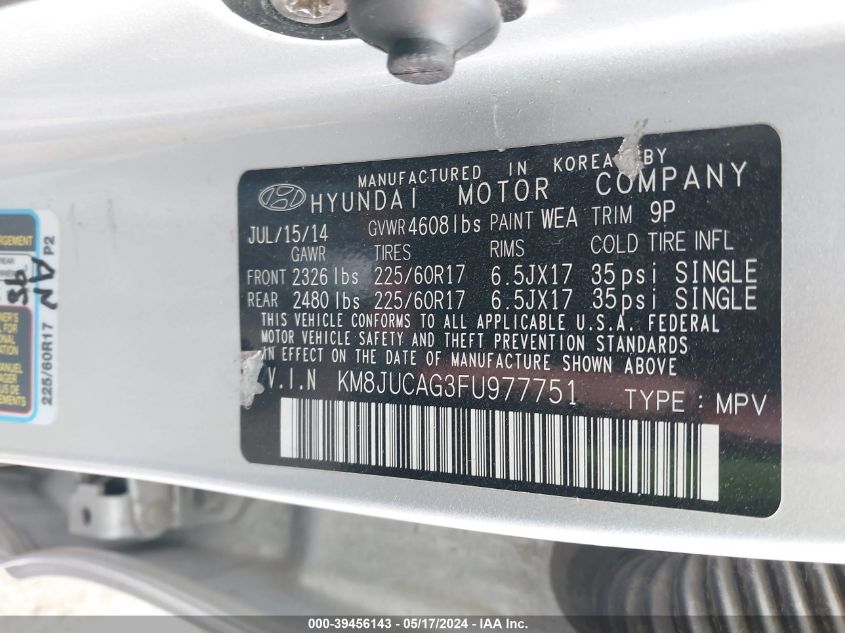 2015 Hyundai Tucson Se VIN: KM8JUCAG3FU977751 Lot: 39456143
