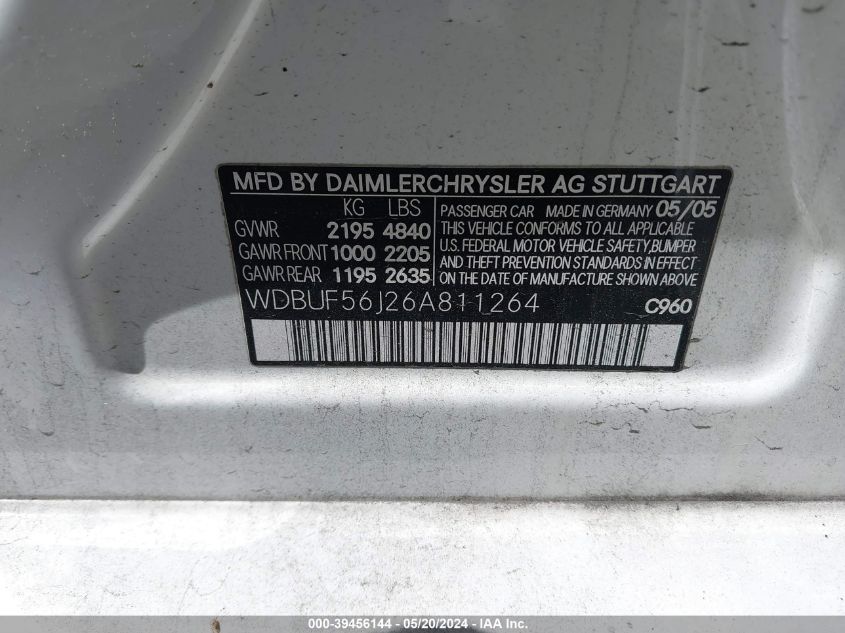 2006 Mercedes-Benz E 350 VIN: WDBUF56J26A811264 Lot: 39456144