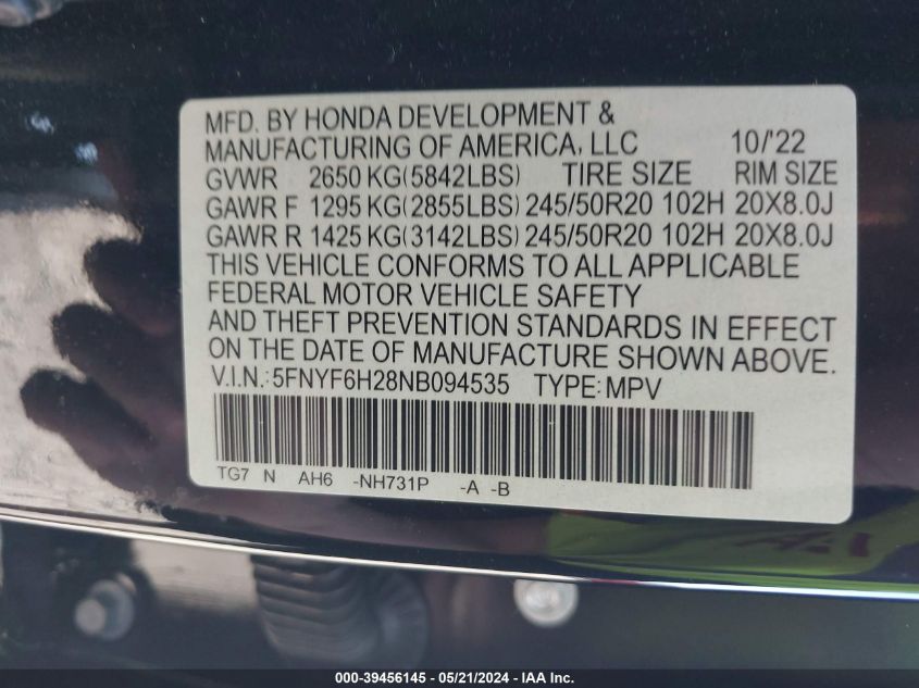2022 Honda Pilot Awd Special Edition VIN: 5FNYF6H28NB094535 Lot: 39456145