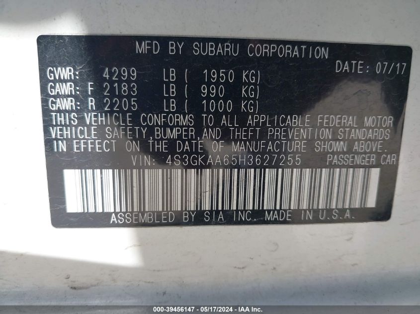 2017 Subaru Impreza 2.0I VIN: 4S3GKAA65H3627255 Lot: 39456147