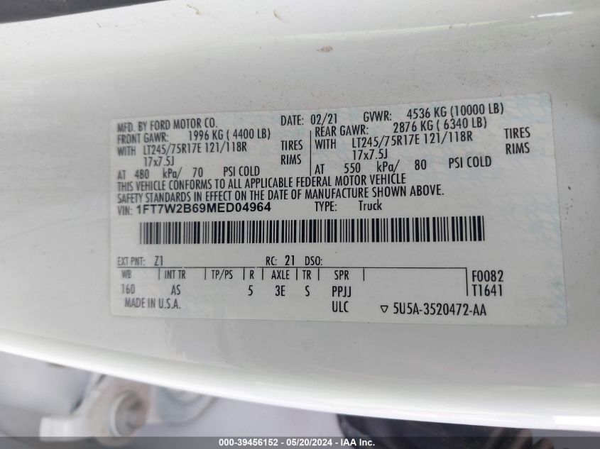 2021 Ford F250 Super Duty VIN: 1FT7W2B69MED04964 Lot: 39456152