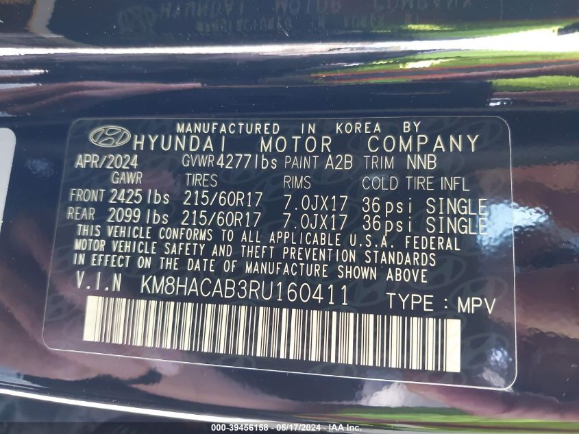 2024 Hyundai Kona Se VIN: KM8HACAB3RU160411 Lot: 39456158