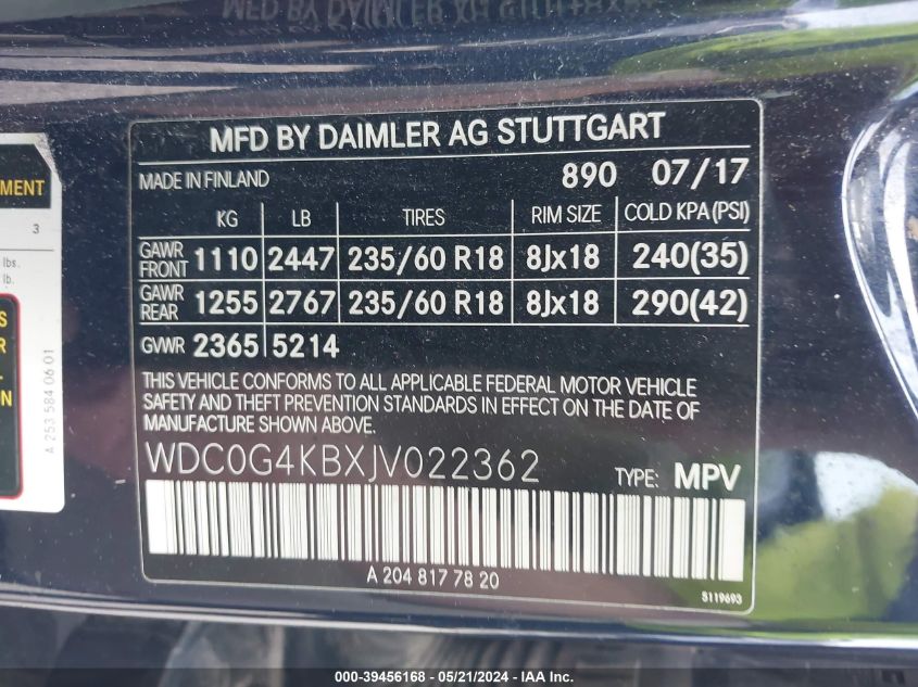 2018 Mercedes-Benz Glc 300 4Matic VIN: WDC0G4KBXJV022362 Lot: 39456168