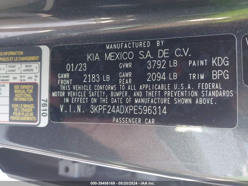 2023 Kia Forte Lxs VIN: 3KPF24ADXPE596314 Lot: 39456169