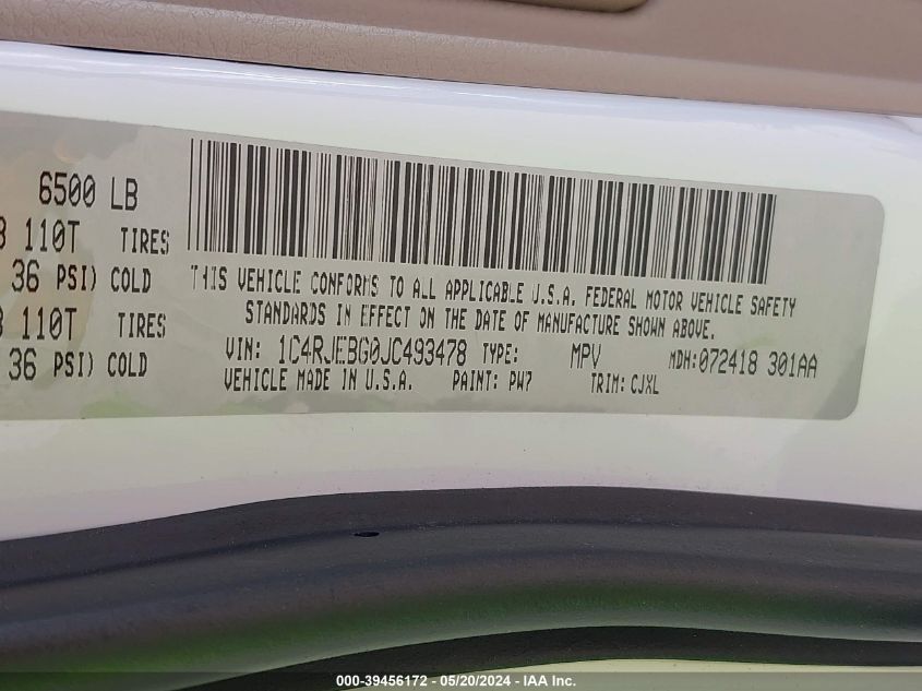 2018 Jeep Grand Cherokee Limited 4X2 VIN: 1C4RJEBG0JC493478 Lot: 39456172