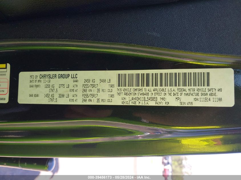 2011 Jeep Wrangler Unlimited Sport VIN: 1J4HA3H11BL545859 Lot: 39456173