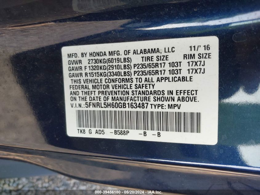 2016 Honda Odyssey Ex-L VIN: 5FNRL5H60GB163487 Lot: 39456180