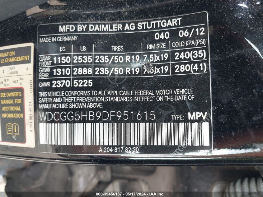 2013 Mercedes-Benz Glk 350 VIN: WDCGG5HB9DF951615 Lot: 39456187