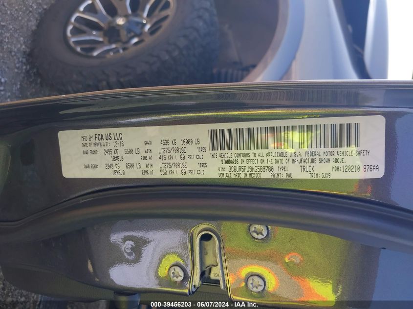 2017 Ram 2500 Laramie 4X4 6'4 Box VIN: 3C6UR5FJ9HG589780 Lot: 39456203