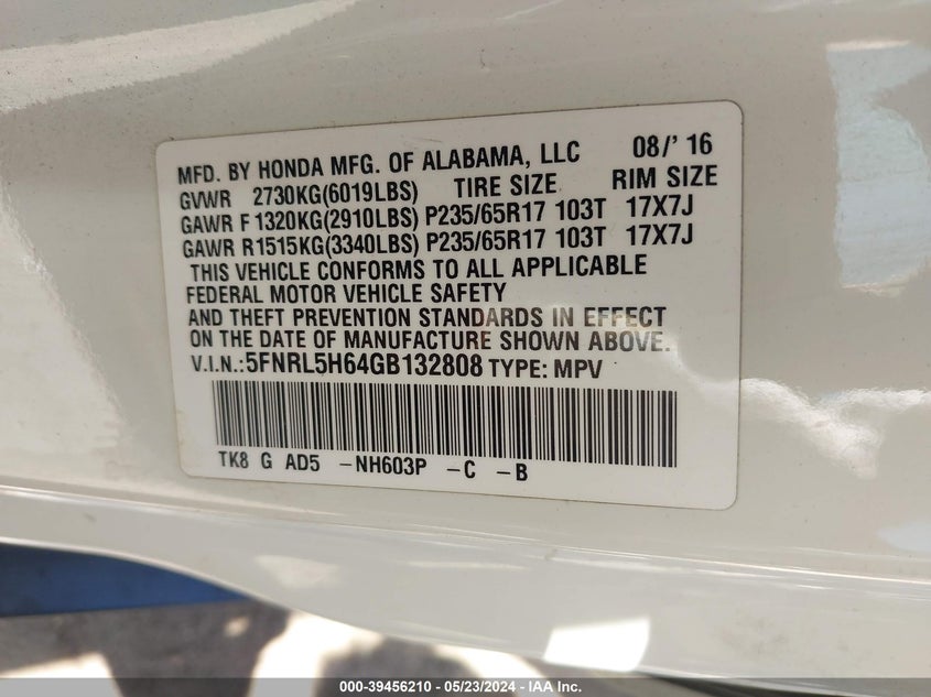 2016 Honda Odyssey Ex-L VIN: 5FNRL5H64GB132808 Lot: 39456210