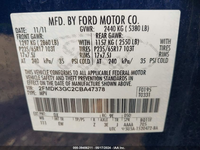 2012 Ford Edge Se VIN: 2FMDK3GC2CBA47378 Lot: 39456211