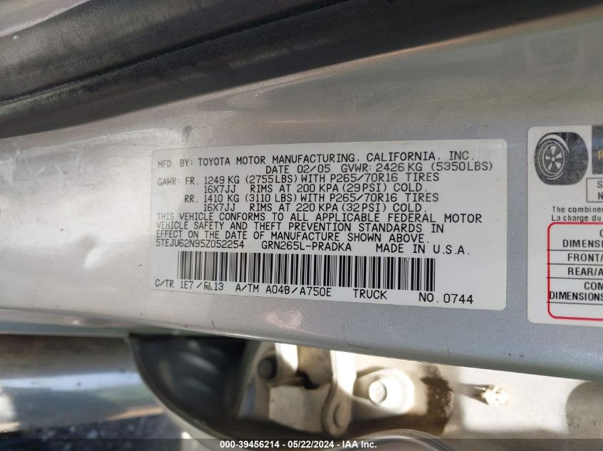 2005 Toyota Tacoma Prerunner V6 VIN: 5TEJU62N95Z052254 Lot: 39456214