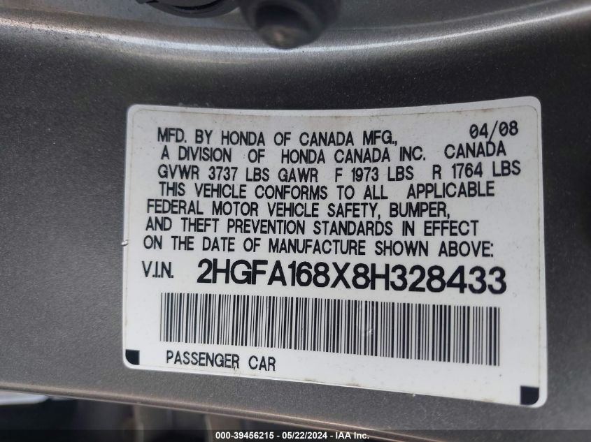 2008 Honda Civic Ex VIN: 2HGFA168X8H328433 Lot: 39456215