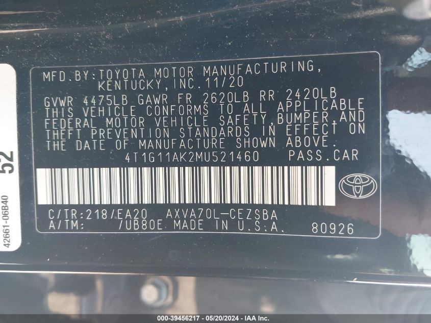 2021 Toyota Camry Se VIN: 4T1G11AK2MU521460 Lot: 39456217