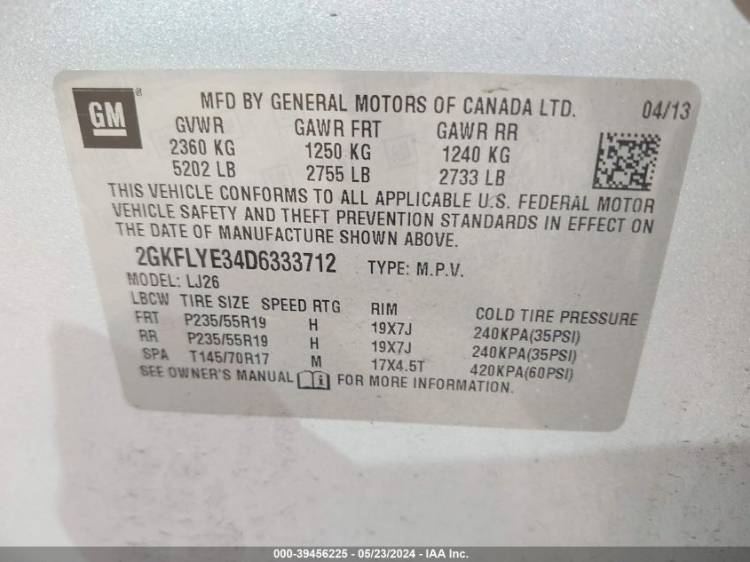 2013 GMC Terrain Denali VIN: 2GKFLYE34D6333712 Lot: 39456225