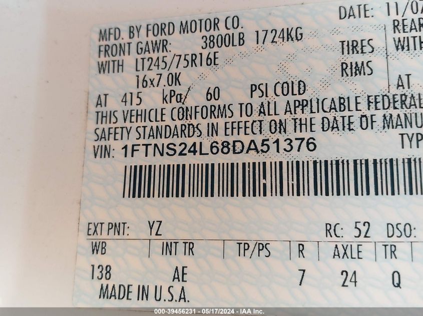 2008 Ford E-250 Commercial/Recreational VIN: 1FTNS24L68DA51376 Lot: 39456231