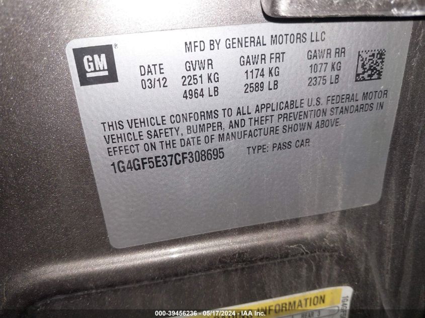 2012 Buick Lacrosse Premium 2 Group VIN: 1G4GF5E37CF308695 Lot: 39456236