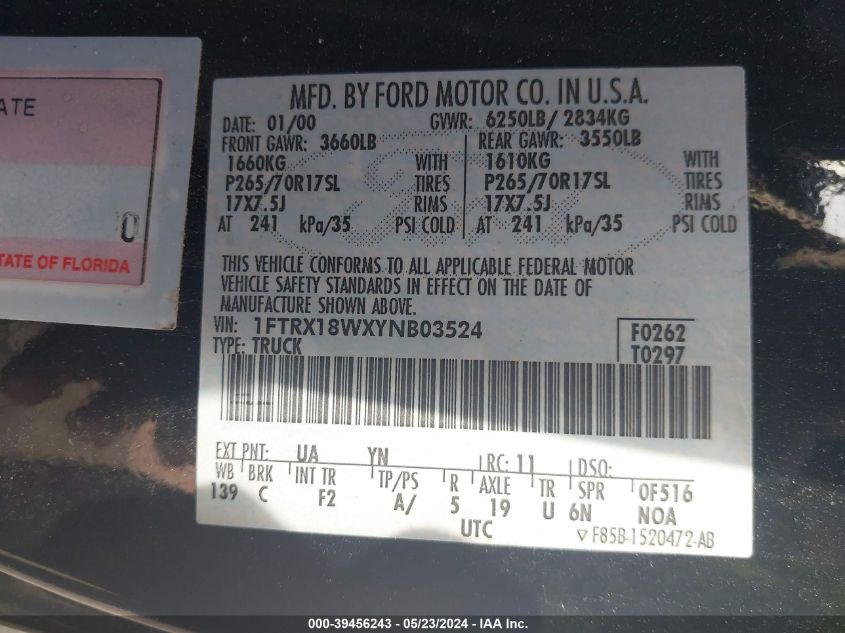 2000 Ford F-150 Lariat/Work Series/Xl/Xlt VIN: 1FTRX18WXYNB03524 Lot: 39456243