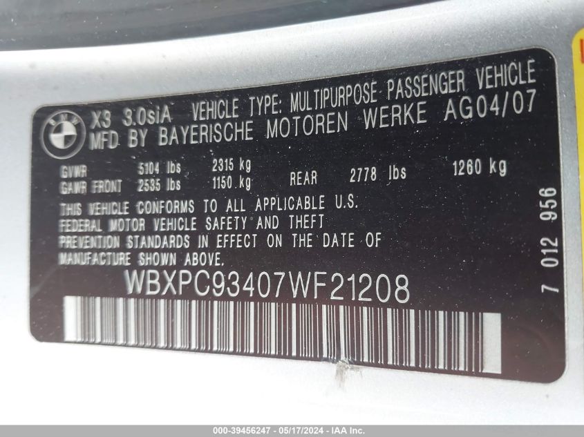 2007 BMW X3 3.0Si VIN: WBXPC93407WF21208 Lot: 39456247