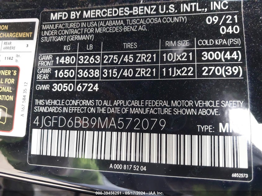 2021 MERCEDES-BENZ AMG GLE 53 COUPE 4MATIC VIN: 4JGFD6BB9MA572079
