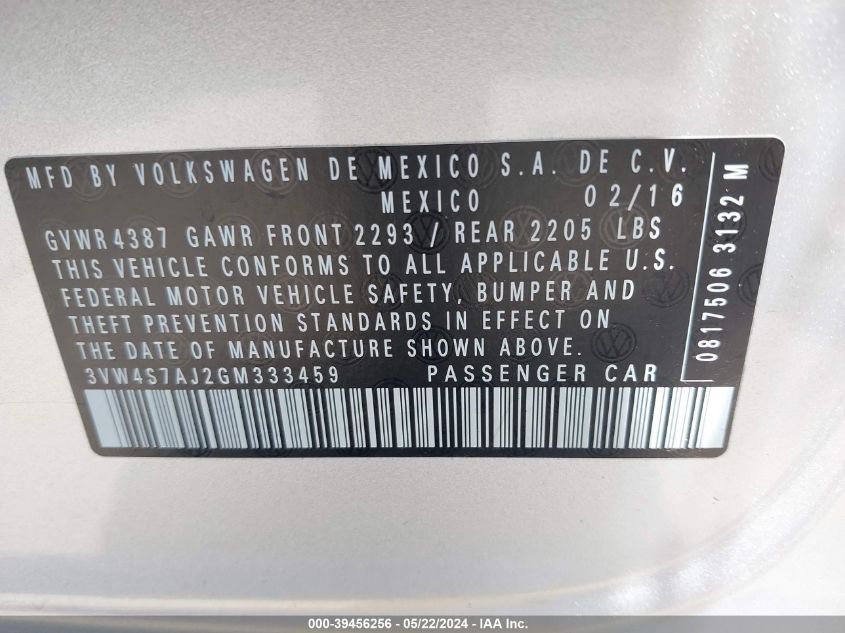 2016 Volkswagen Jetta 2.0T Gli Se VIN: 3VW4S7AJ2GM333459 Lot: 39456256
