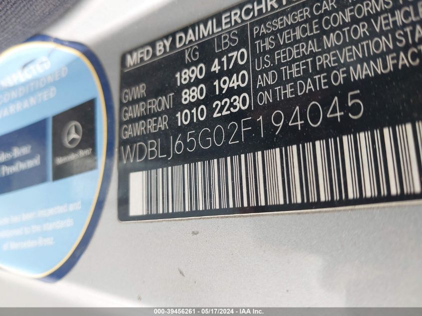 2002 Mercedes-Benz Clk 320 VIN: WDBLJ65G02F194045 Lot: 39456261