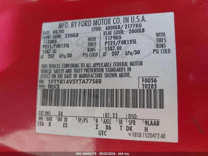 2000 Ford Ranger Xl/Xlt VIN: 1FTYR14V5YTA77588 Lot: 39456275