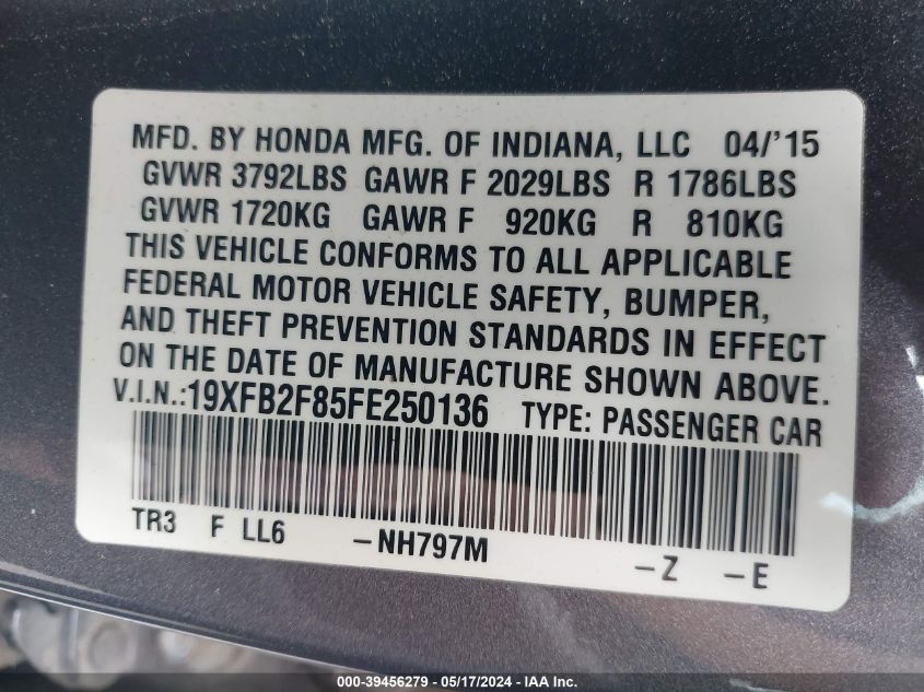2015 Honda Civic Ex VIN: 19XFB2F85FE250136 Lot: 39456279