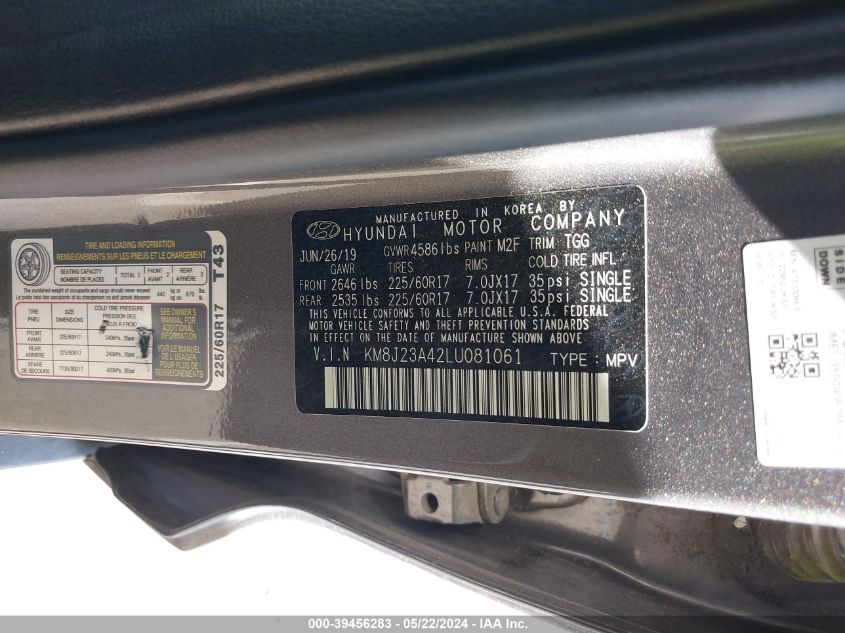 2020 Hyundai Tucson Se VIN: KM8J23A42LU081061 Lot: 39456283