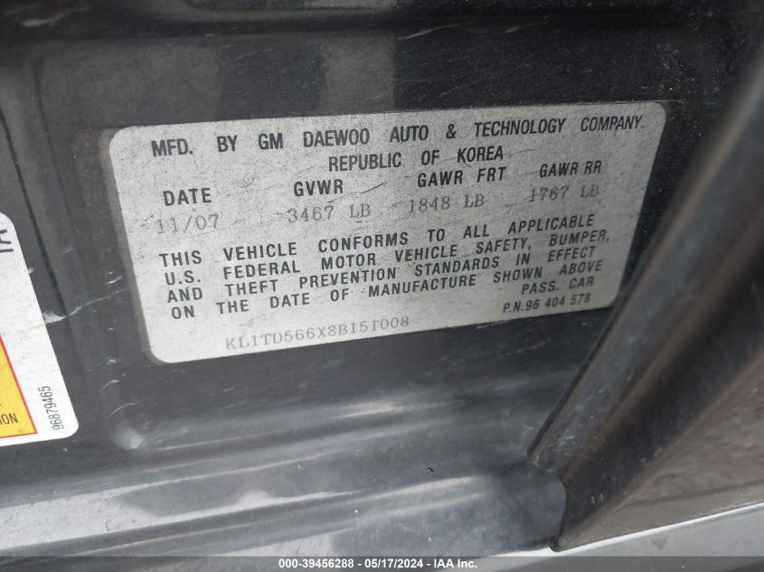 2008 Chevrolet Aveo Ls VIN: KL1TD566X8B151008 Lot: 39456288