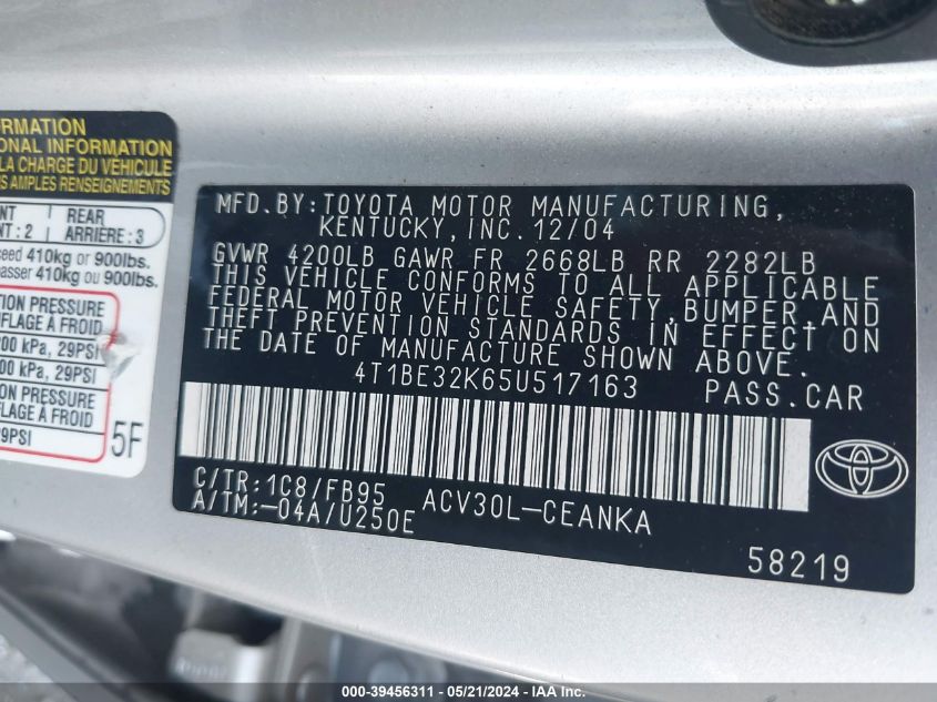 2005 Toyota Camry Le VIN: 4T1BE32K65U517163 Lot: 39456311