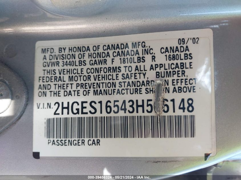 2003 Honda Civic Lx VIN: 2HGES16543H506148 Lot: 39456324