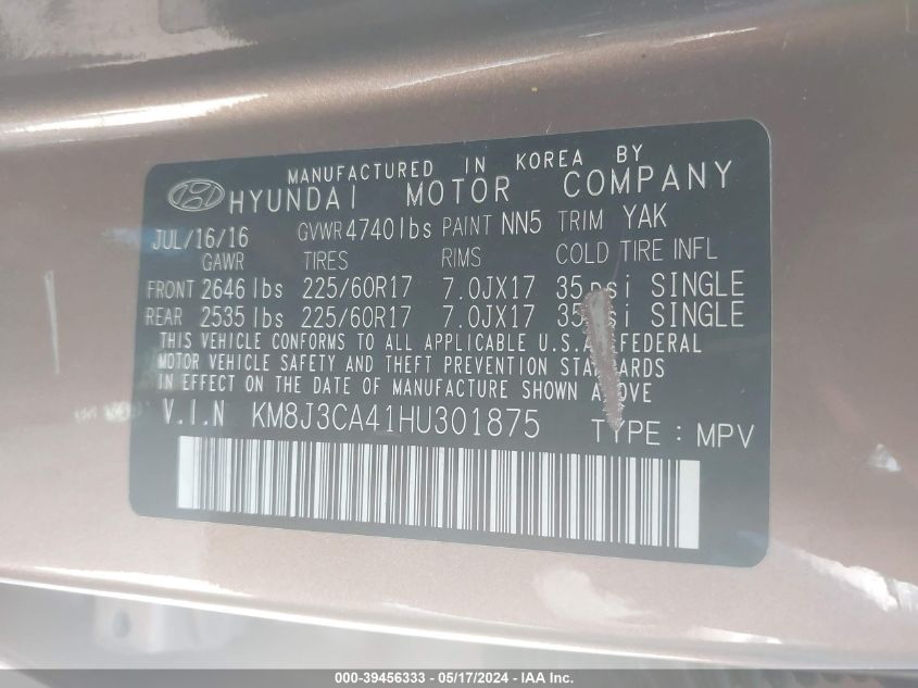 2017 Hyundai Tucson Se VIN: KM8J3CA41HU301875 Lot: 39456333