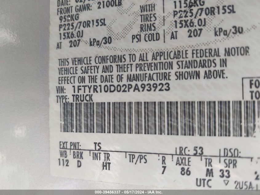 2002 Ford Ranger Xl/Xlt VIN: 1FTYR10D02PA93923 Lot: 39456337