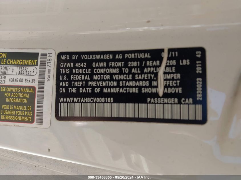 2012 Volkswagen Eos Lux VIN: WVWFW7AH8CV008165 Lot: 39456355