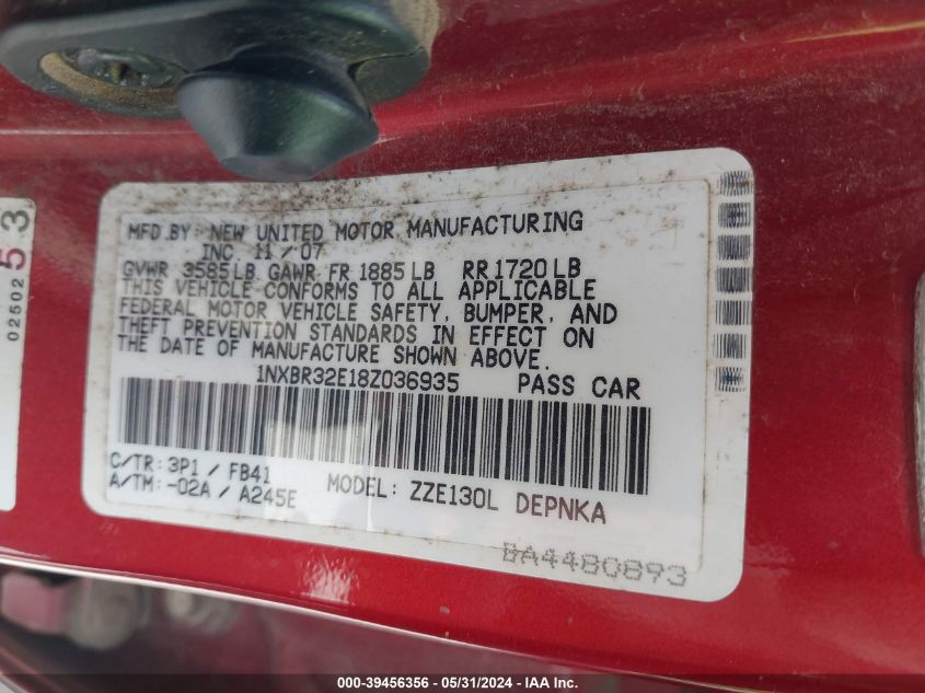 2008 Toyota Corolla Le VIN: 1NXBR32E18Z036935 Lot: 39456356