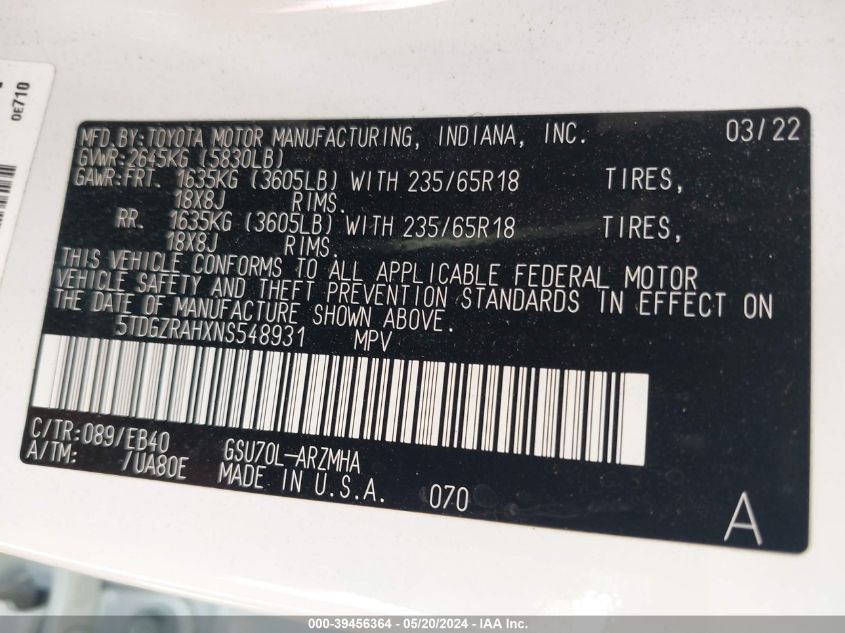 2022 Toyota Highlander Xle VIN: 5TDGZRAHXNS548931 Lot: 39456364