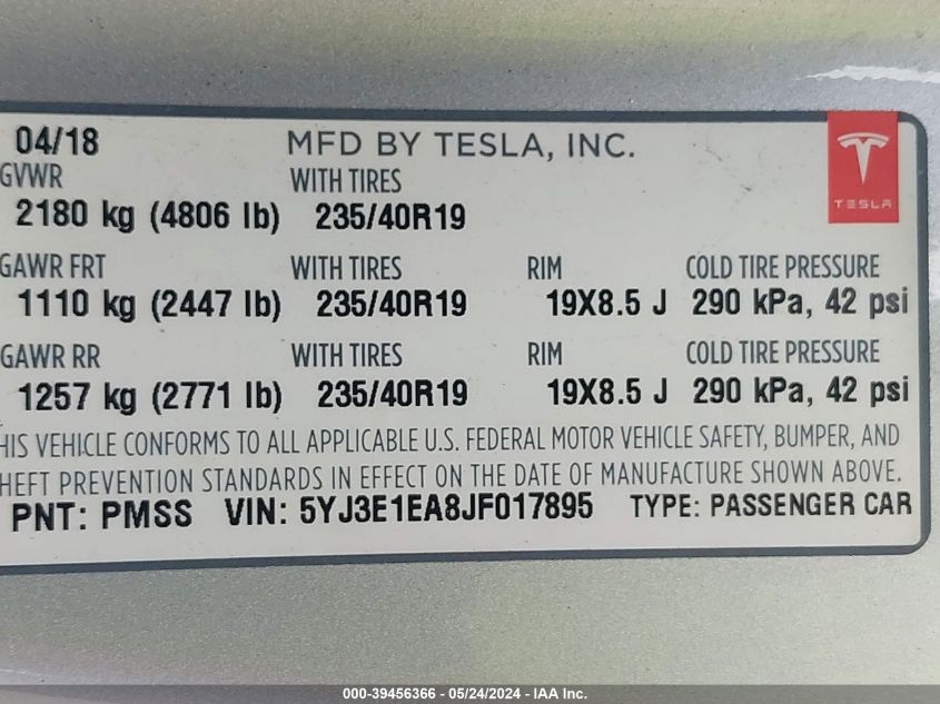 2018 Tesla Model 3 Long Range/Mid Range VIN: 5YJ3E1EA8JF017895 Lot: 39456366