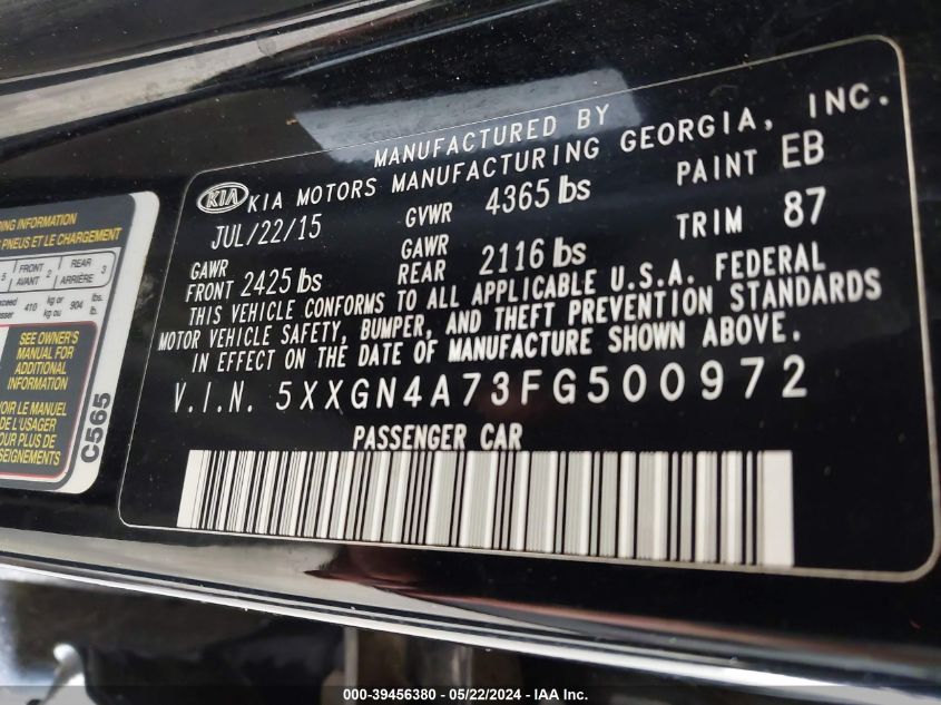 2015 Kia Optima Ex VIN: 5XXGN4A73FG500972 Lot: 39456380