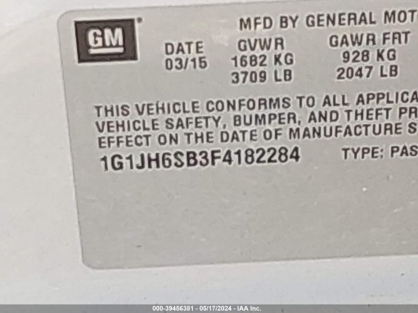 2015 Chevrolet Sonic Rs Manual VIN: 1G1JH6SB3F4182284 Lot: 39456381