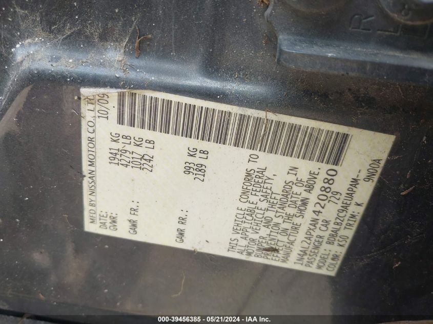 2010 Nissan Altima 2.5 S VIN: 1N4AL2APXAN420880 Lot: 39456385