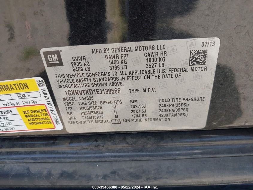 2014 GMC Acadia Denali VIN: 1GKKVTKD1EJ138566 Lot: 39456388