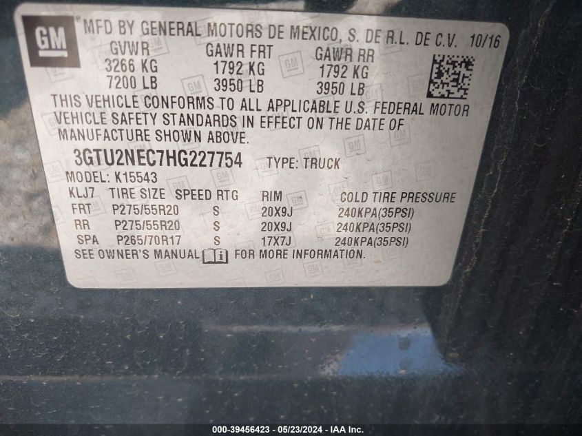 2017 GMC Sierra 1500 Slt VIN: 3GTU2NEC7HG227754 Lot: 39456423